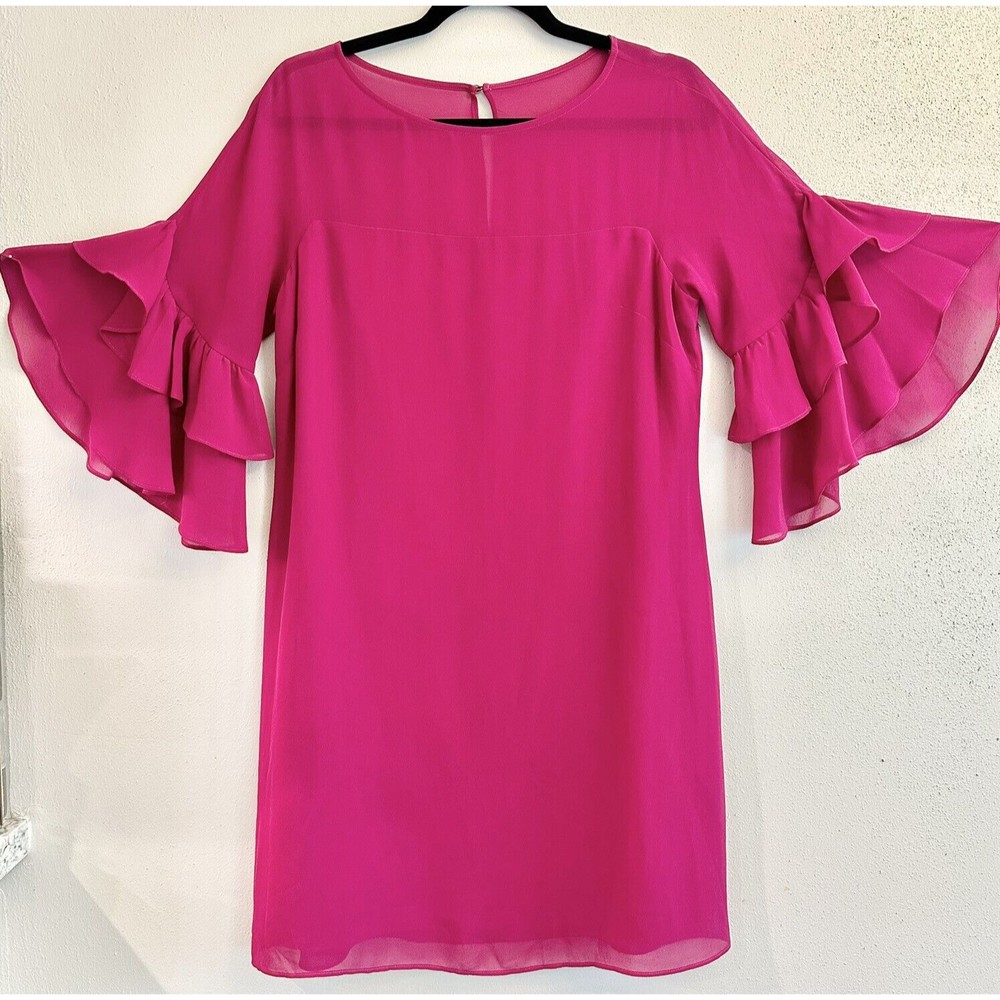 Vince Camuto Women's Size 6 Soufle Chiffon‎ Shift Dress Magenta Ruffle Sleeves